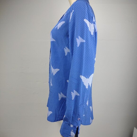 Equipment Femme blue butterfly long sleeve button up shirt blouse ladies Large - Picture 5 of 7